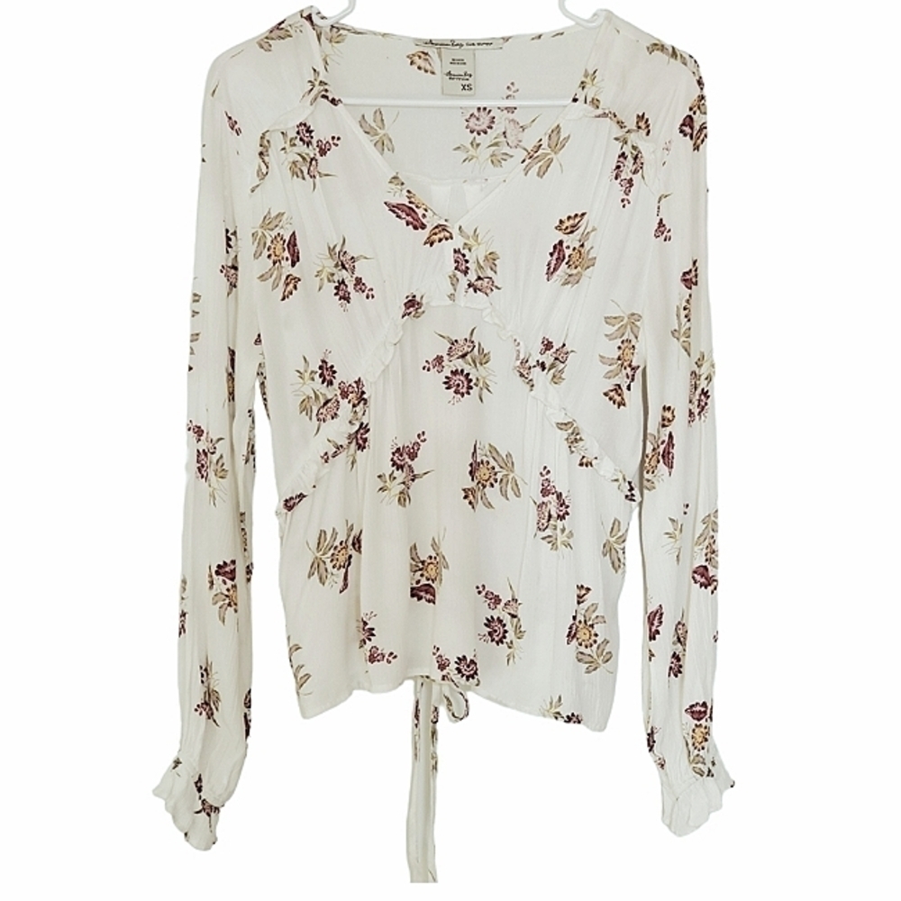 1446 * American Rag Floral Long Sleeve Blouse Off White Red Size XS